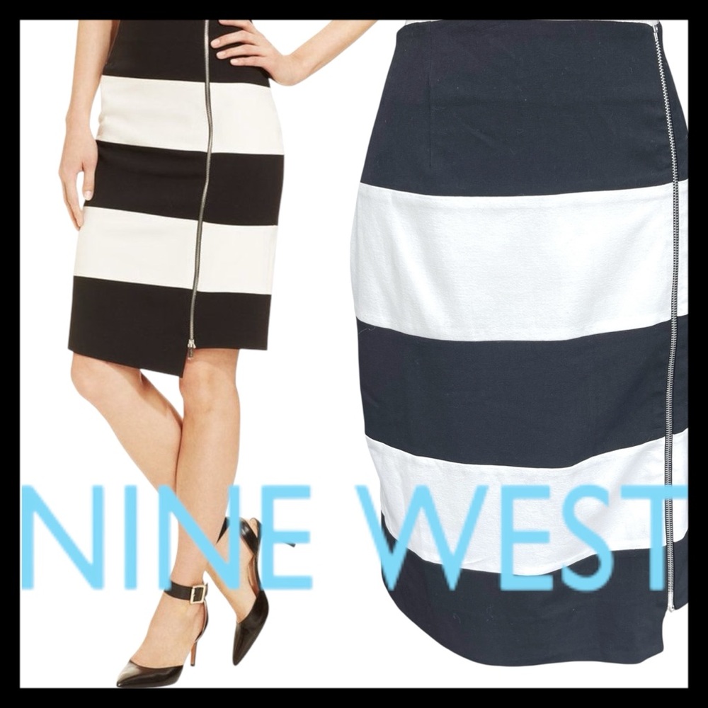 Nine West Black/White Wide Stripe Full Side Zip Midi Pencil Skirt (8)